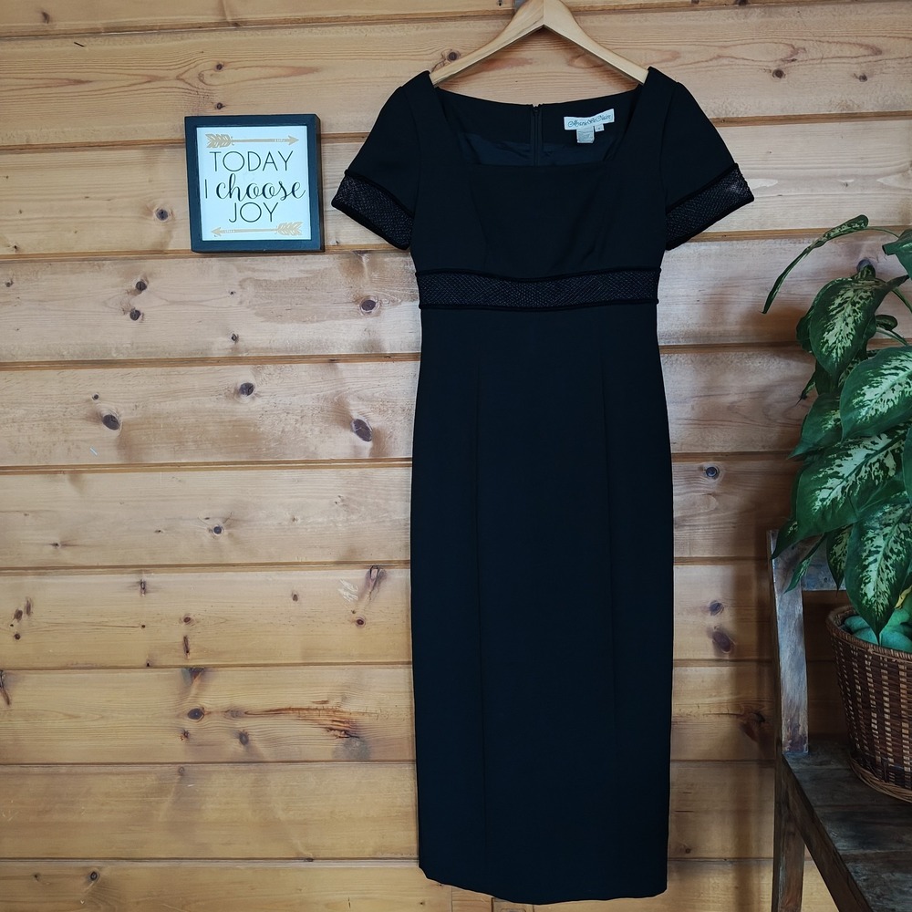 Vintage 90s Marie St Claire Black Crepe Mesh Empire Midi Maxi Sheath Dress Sz 8